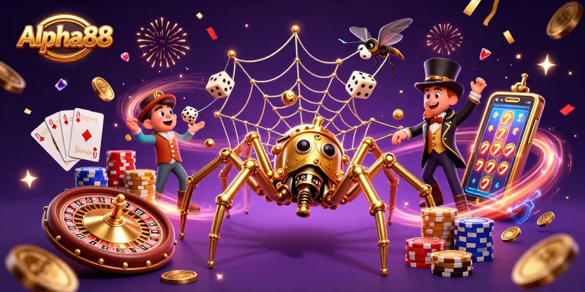 Alpha88 captivates players with stunning 3D illustration of a golden spider and casino elements.
