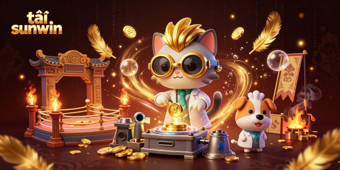 Engage with tải sunwin in this vibrant scene showcasing a mad scientist cat and lab assistant creating gold