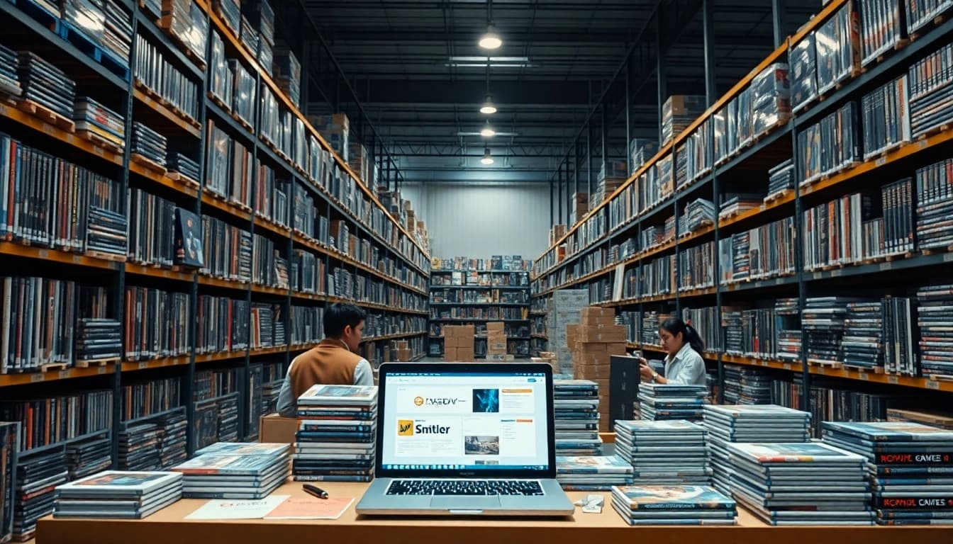 DVD distributor organizing inventory with abundant titles in a modern warehouse.