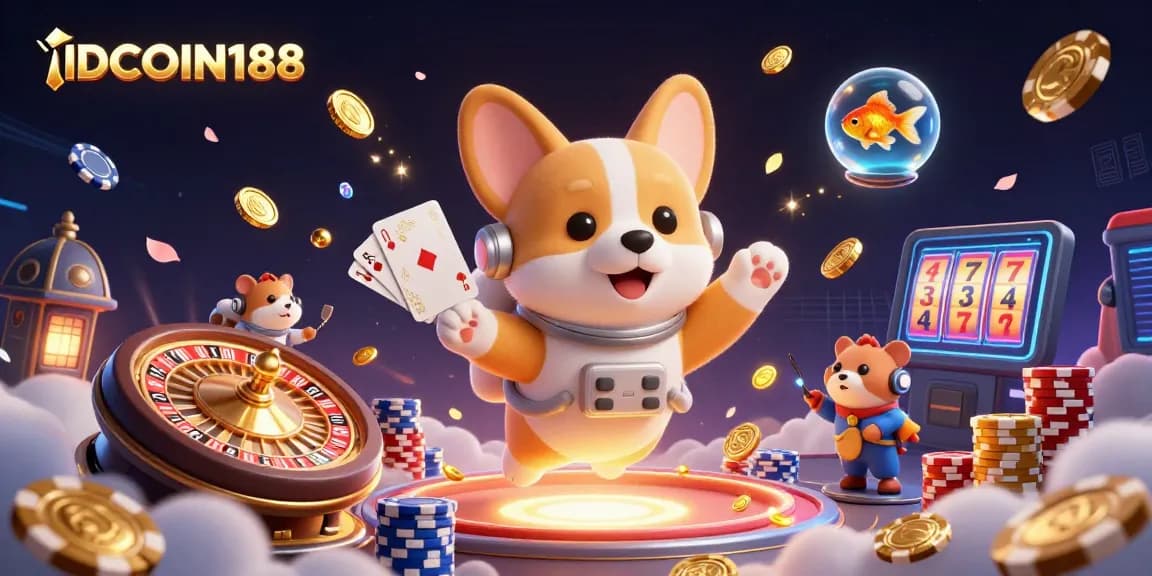 Engage in fun slots and casino games with IDCOIN188 featuring a whimsical scene of gaming characters.