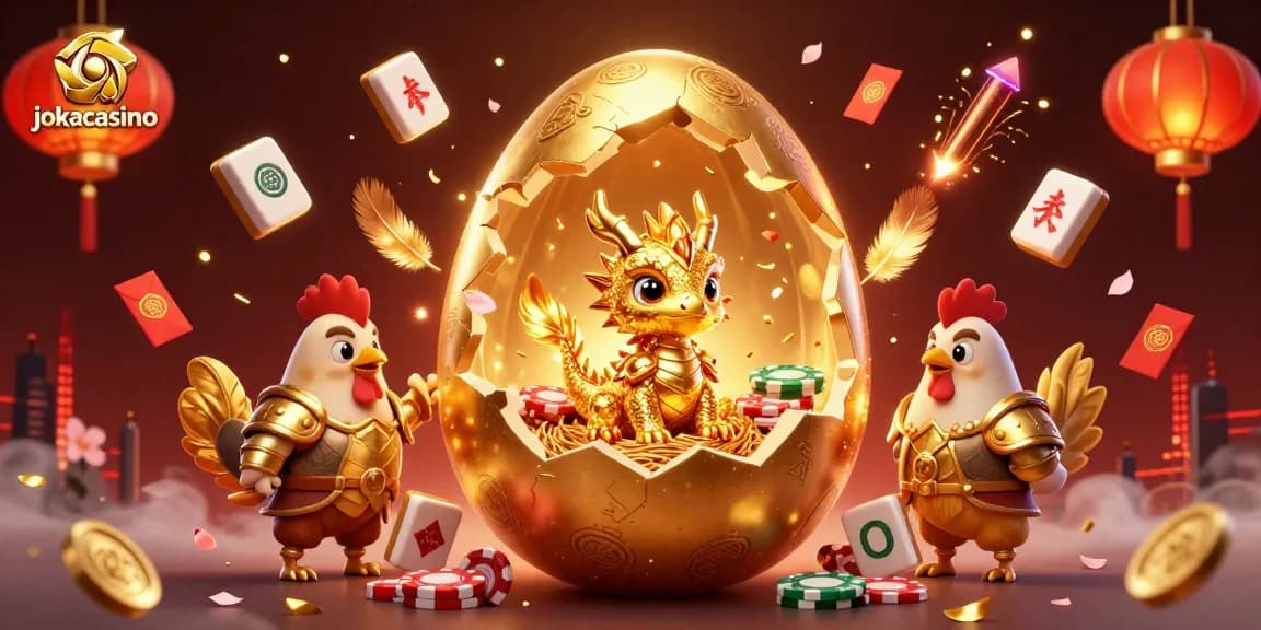 Experience the thrill at jokacasino with a dazzling golden dragon and poker chips in vibrant 3D art.