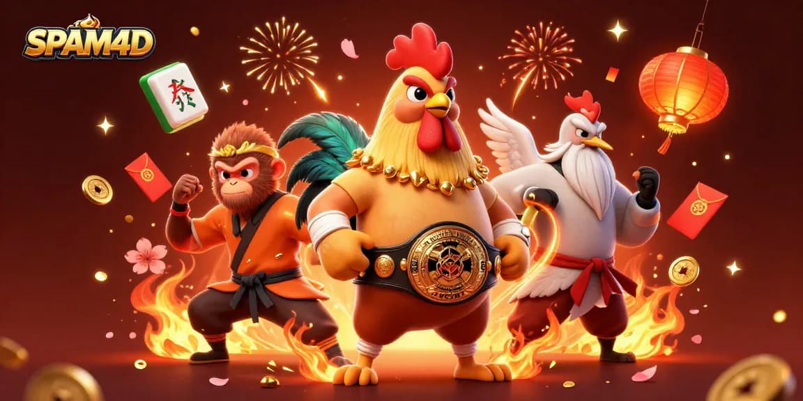 SPAM4D merayakan kokar dengan ayam Muay Thai dan monyet, dikelilingi elemen permainan yang menggugah selera.