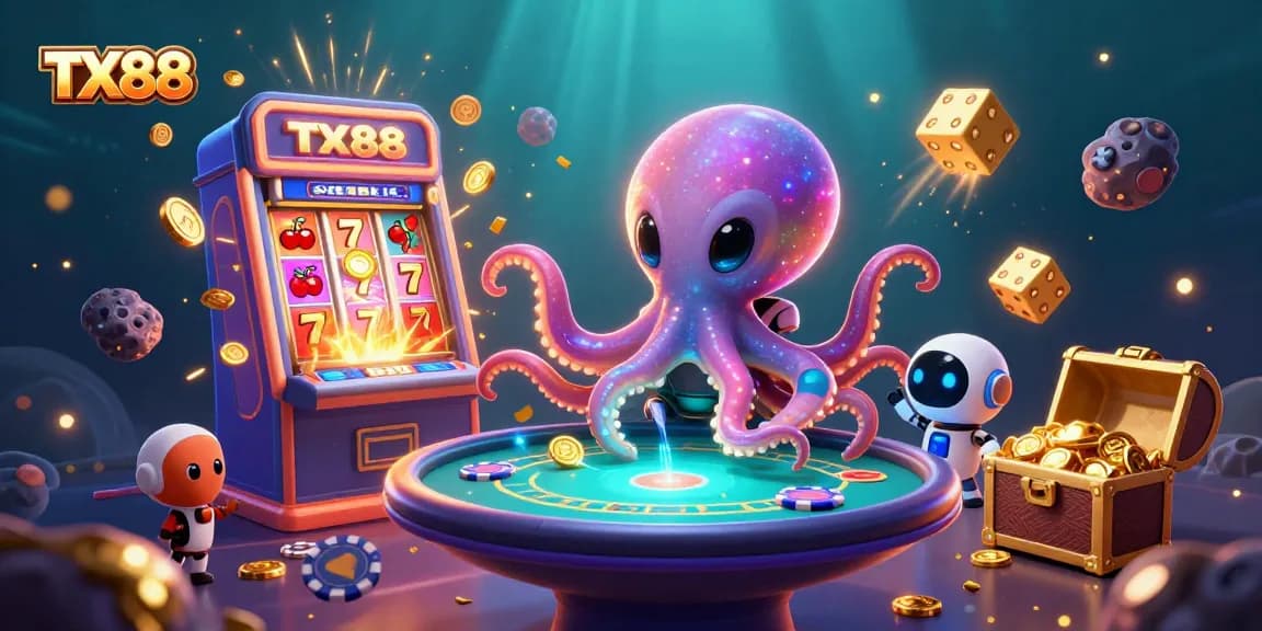 Experience the excitement of TX88 with a cosmic octopus at a holographic poker game.