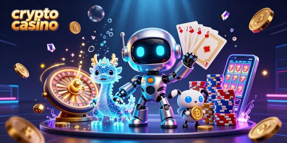 Jouez au crypto casino avec des personnages futuristes entourés de pièces d'or et de jeux