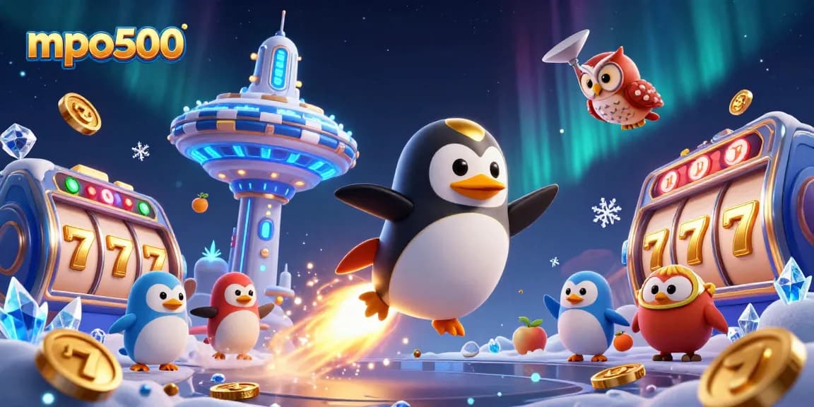 Experience mpo500 with a captivating scene of a penguin navigating a casino-themed galaxy, surrounded by slot games and sparkling elements.