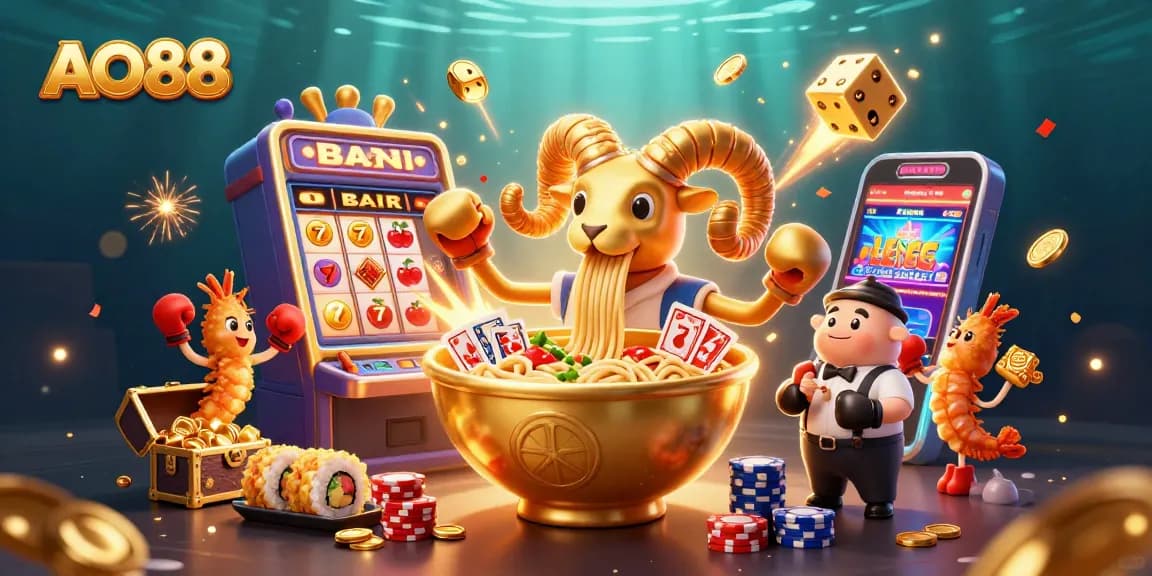 AO88's vibrant gaming scene features a giant ramen bowl dealing cards amidst jackpot winnings, embodying casino excitement.