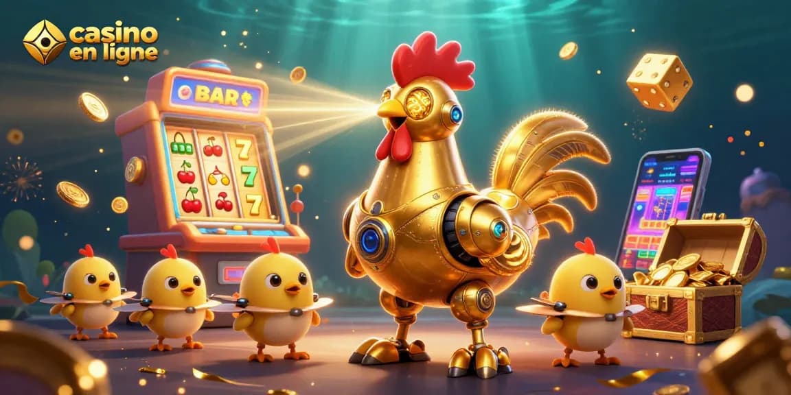 Déclenchez des gains aux casinos en ligne avec un robot coq futuriste et des drones de poussins.