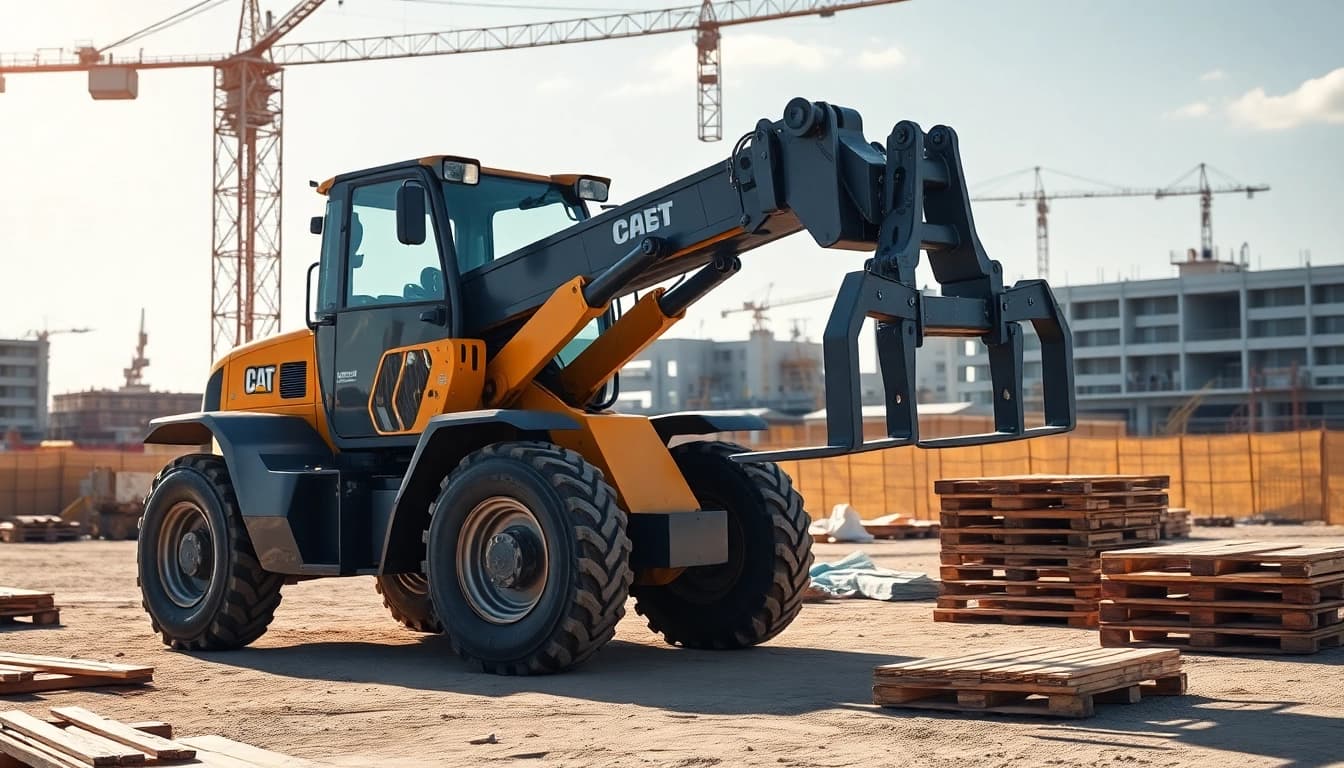 Telehandler lifting materials at a construction site showcasing versatility and durability.