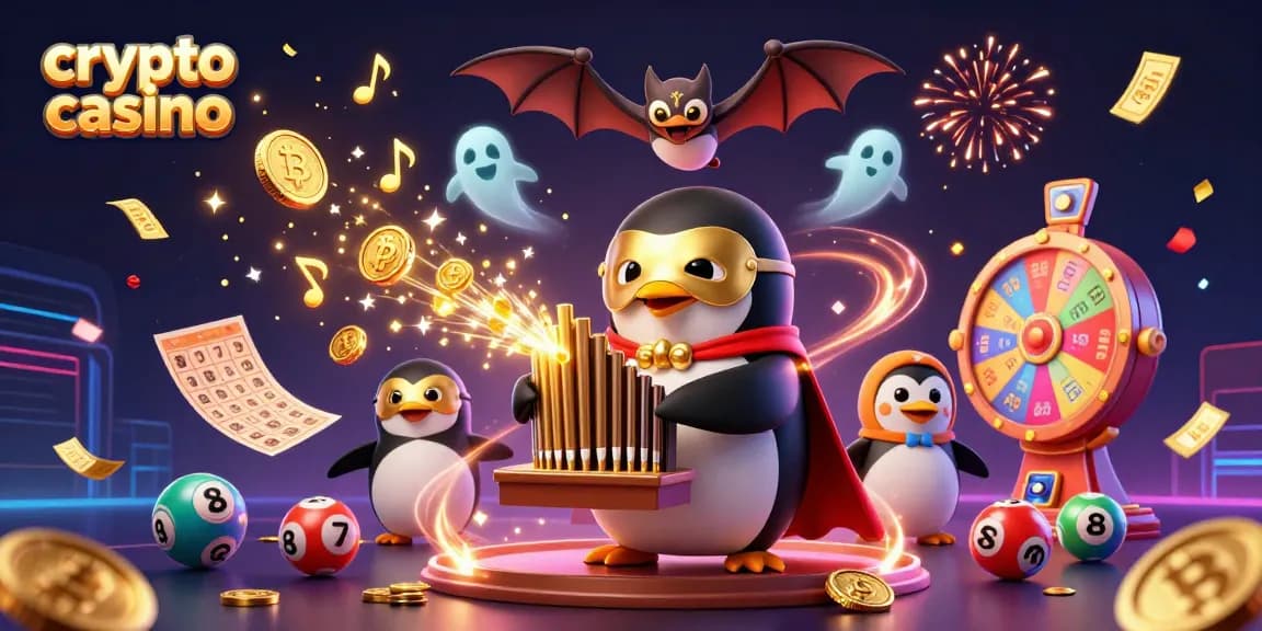 Crea emoción en el crypto casino con un pingüino fantasma y monedas de oro volando.