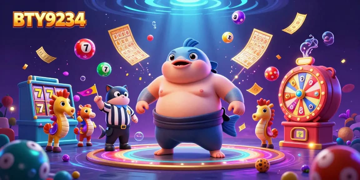 Experience the thrilling BTY9234 with a lively underwater casino scene featuring a fugu and catfish referee.