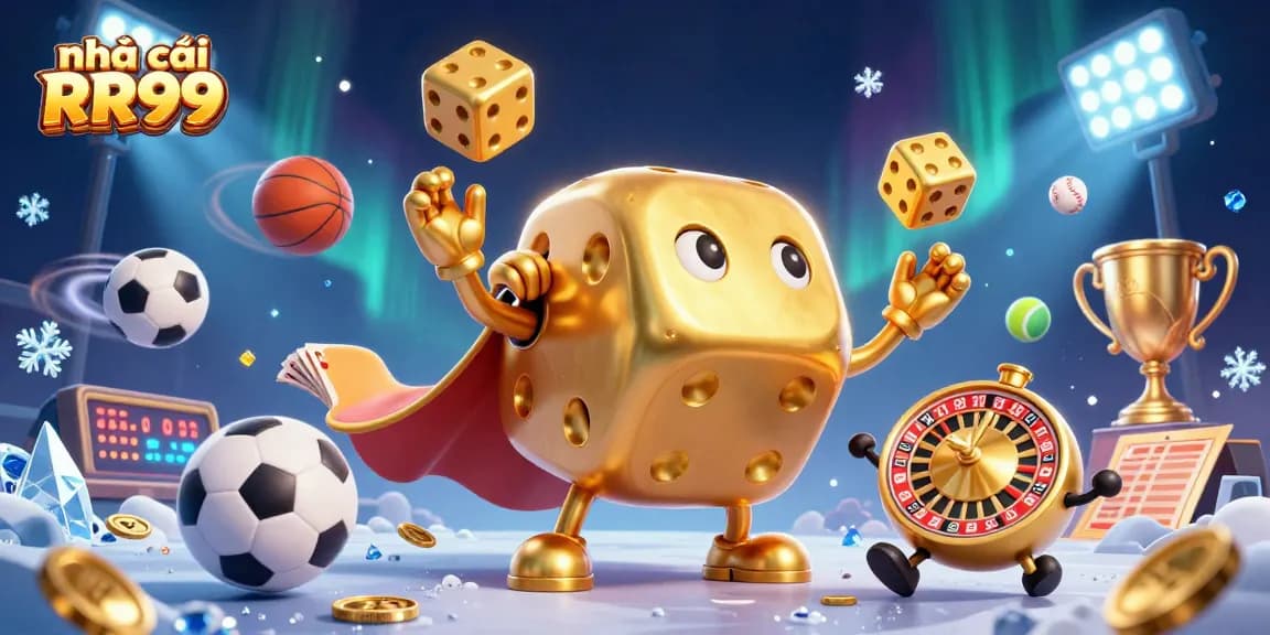 With nhà cái RR99, cherish the gaming excitement through a lively illustration featuring a golden dice golem and dynamic sports elements.