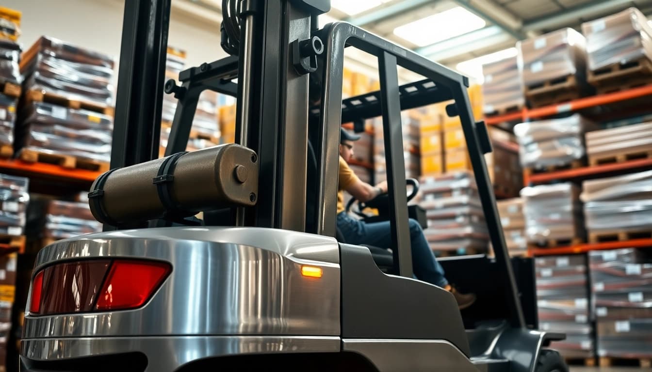 Operator skillfully maneuvering a forklift amidst stacked pallets in a warehouse.