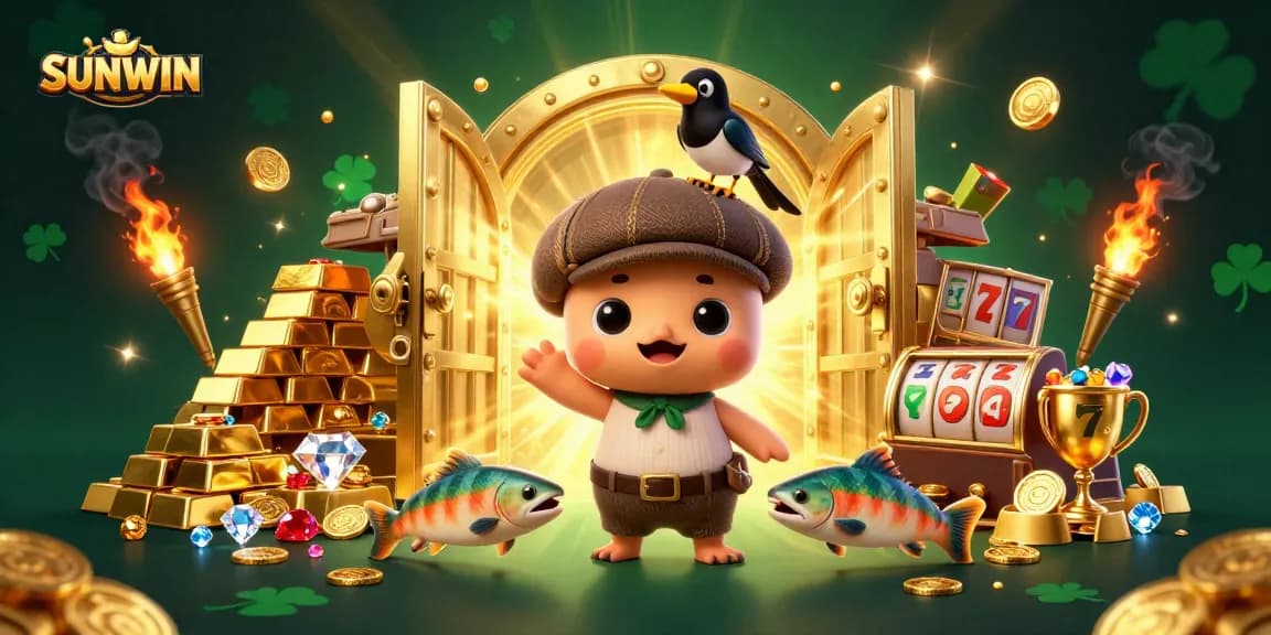 SUNWIN showcases a vibrant casino scene with playful Nessie, a magpie, and tartan salmon amidst treasures.