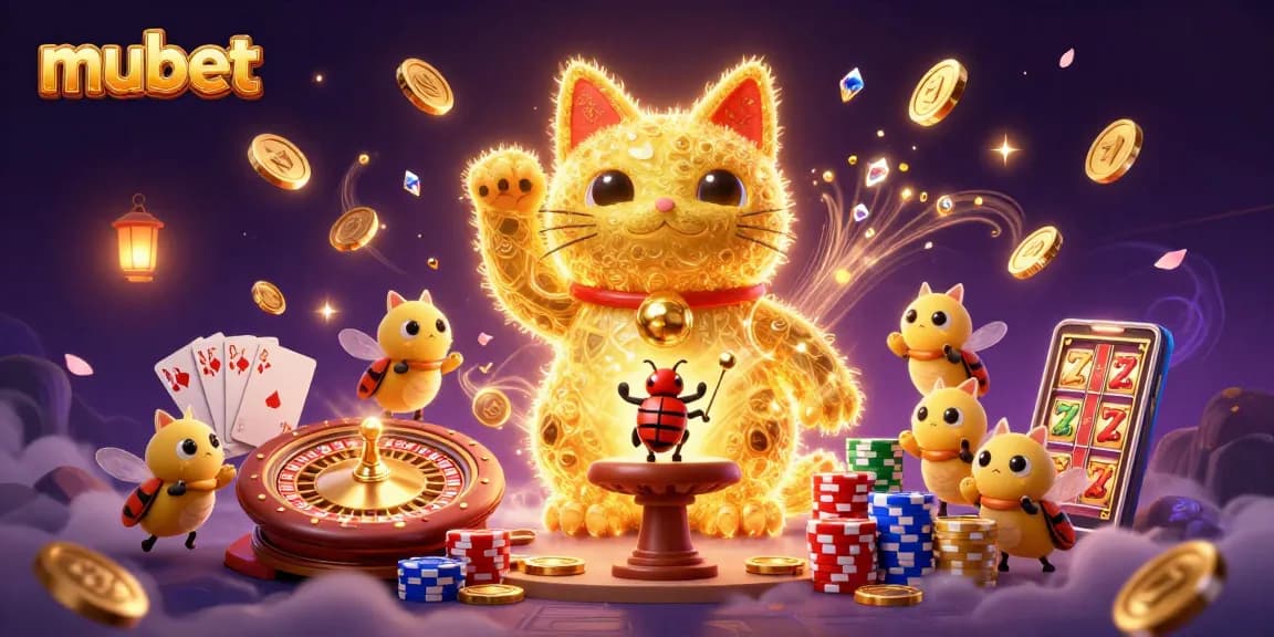Experience the dazzling world of mubet with a whimsical illustration of a lucky cat and casino elements.