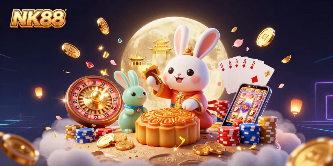 Experience the thrill of gaming at NK88 with festive visuals, coins, and poker chips.