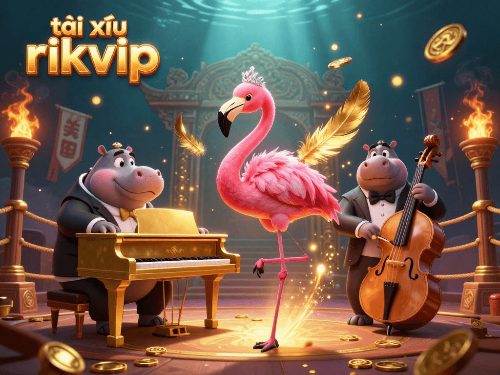 Engage your luck at tài xỉu rikvip with this festive 3D casino scene featuring vibrant characters and dynamic game elements.