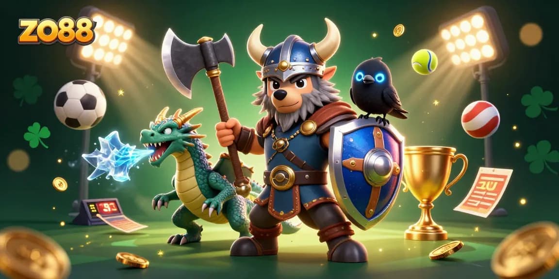 Experience thrilling gaming with zo88 as a Viking wolf warrior battles alongside a dragon in a vibrant casino scene.