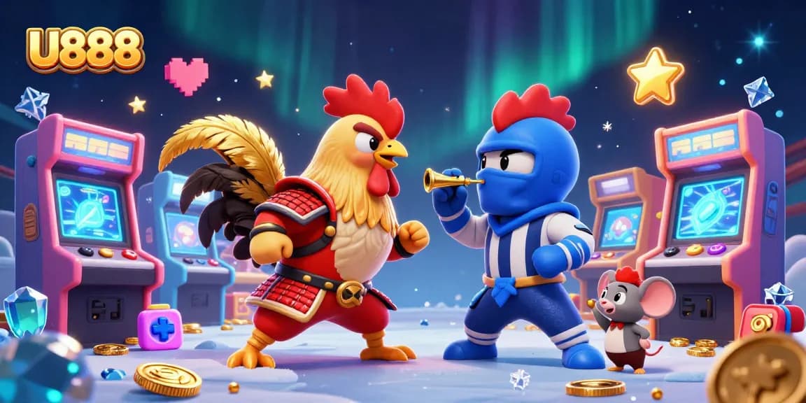 Experience thrilling competition at U888 with cartoon rooster fighters in a colorful casino environment.