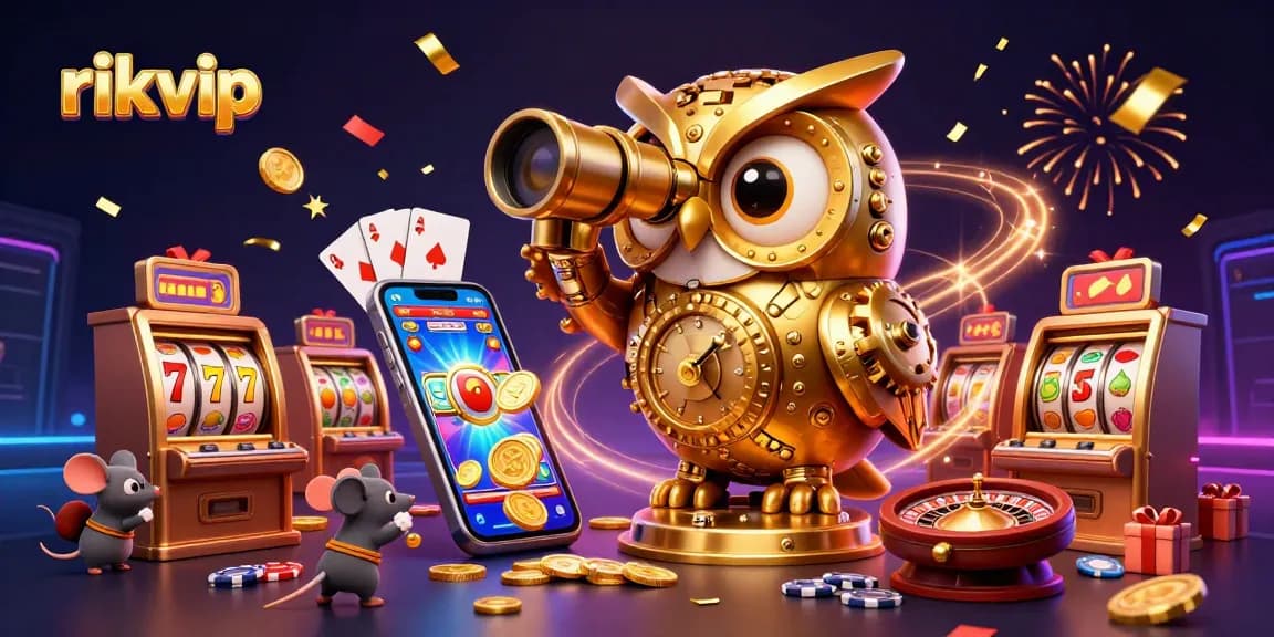 Spin the reels of rikvip's vibrant colorful slot game featuring a clockwork owl and lively patrons.