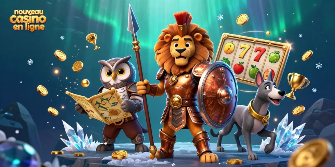 Visuel dynamique du nouveau casino en ligne avec un lion spartiate, une chouette stratège et un lévrier messager.
