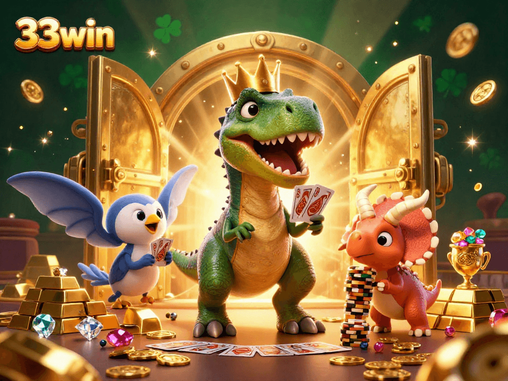 Engage with thrilling moments at 33win where a T-Rex shuffles cards surrounded by golden treasures.