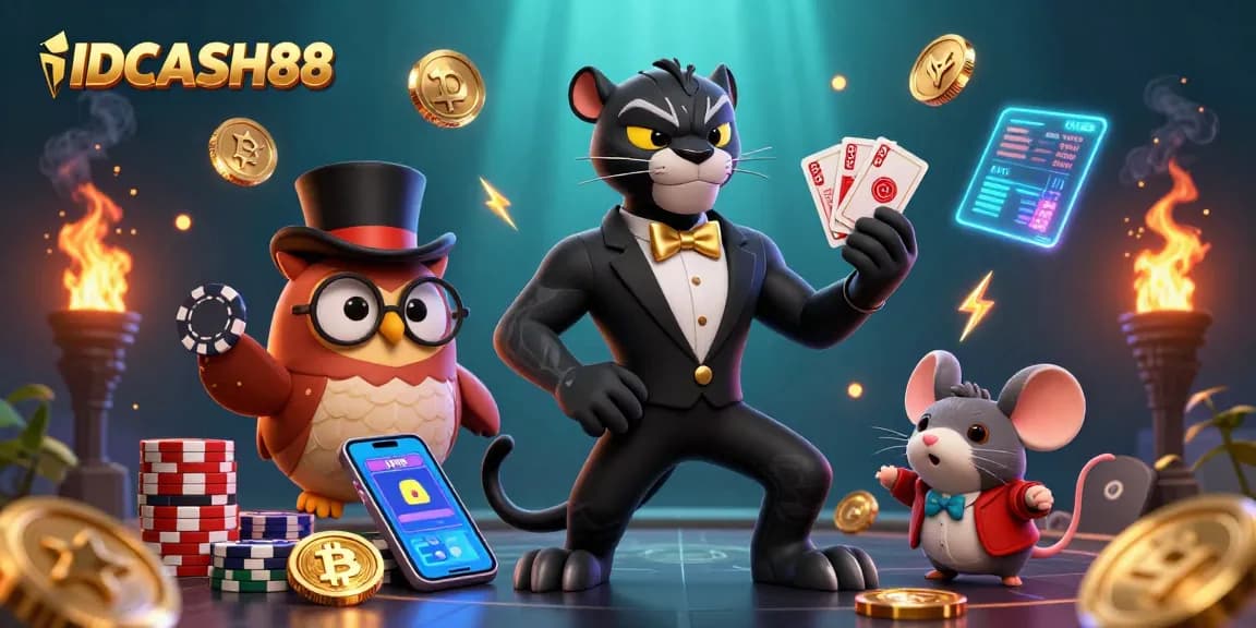 Experience casino excitement with IDCASH88 amidst a lively 3D scene featuring a stylish panther and friends.