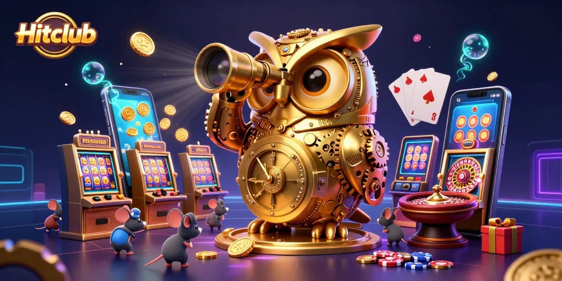 Experience the excitement of Hitclub with a lively casino scene featuring a golden owl, dynamic game elements, and immersive visuals.