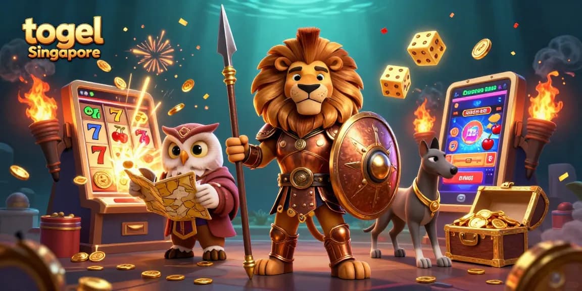 Experience thrilling togel Singapore action with a Spartan lion, owl strategist, and greyhound messenger amidst jackpot excitement.