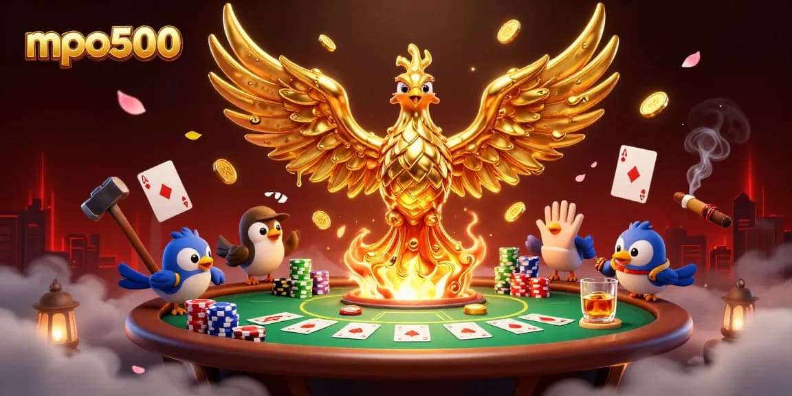 Experience the excitement of mpo500 with a vibrant 3D illustration featuring poker elements and a golden phoenix.
