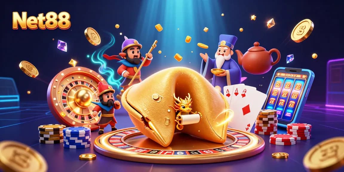 Experience the thrill of Net88 with a cartoon casino scene featuring vibrant characters and dynamic elements.