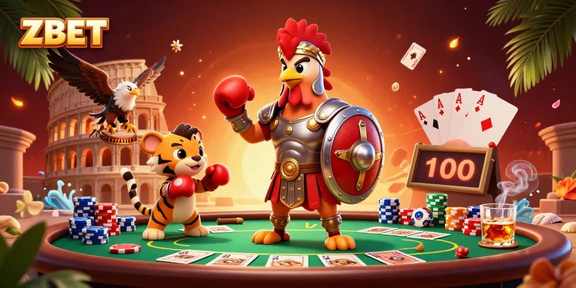 ZBET brings thrilling action with a gladiator rooster and casino elements in a vibrant 3D scene.