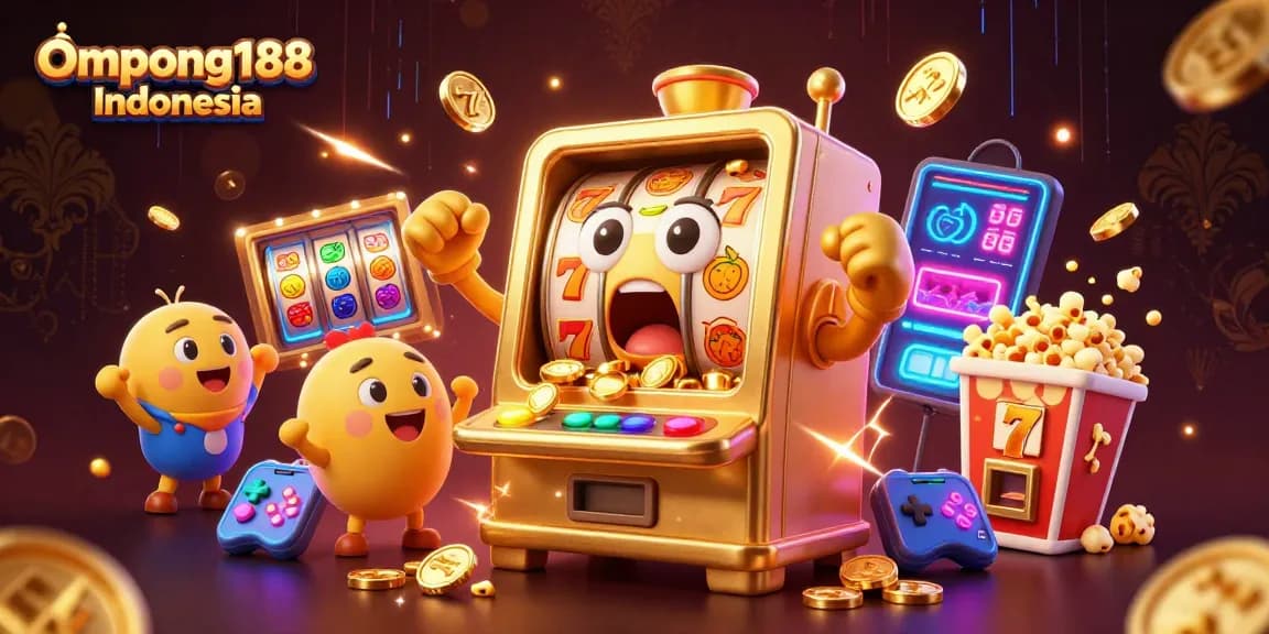 Slot machine meriah menang jackpot di Ompong188 Indonesia, dikelilingi simbol dan elemen permainan yang cerah.