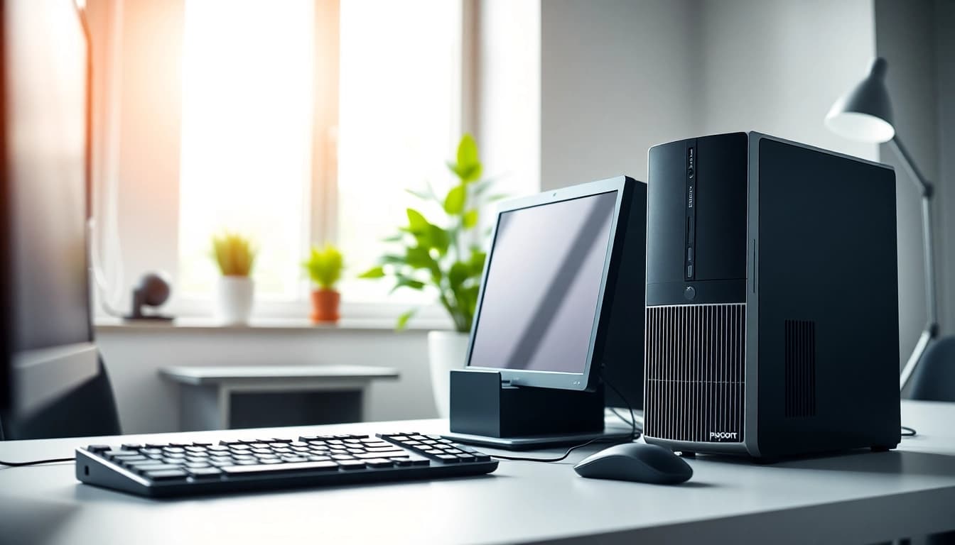 Refurbished PC on a sleek desk in modern workspace with bright lighting.