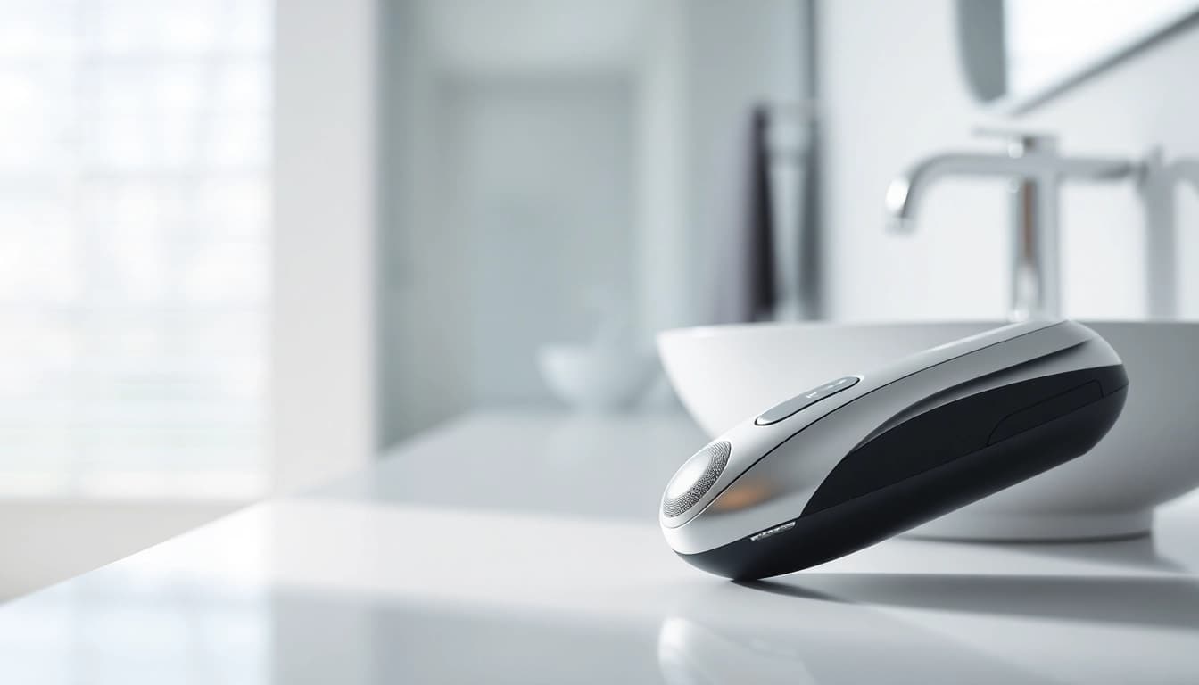 Mini electric shaver showcased in a modern bathroom setting highlighting its sleek design.