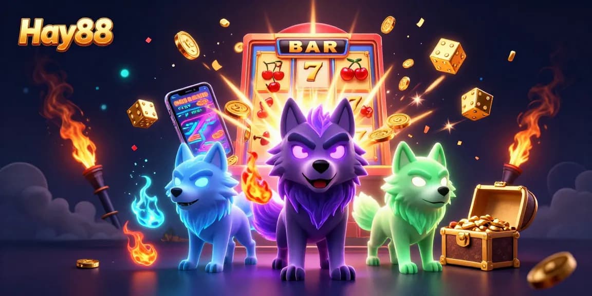 Experience thrilling wins at Hay88 with vibrant casino games featuring animated wolf spirits.