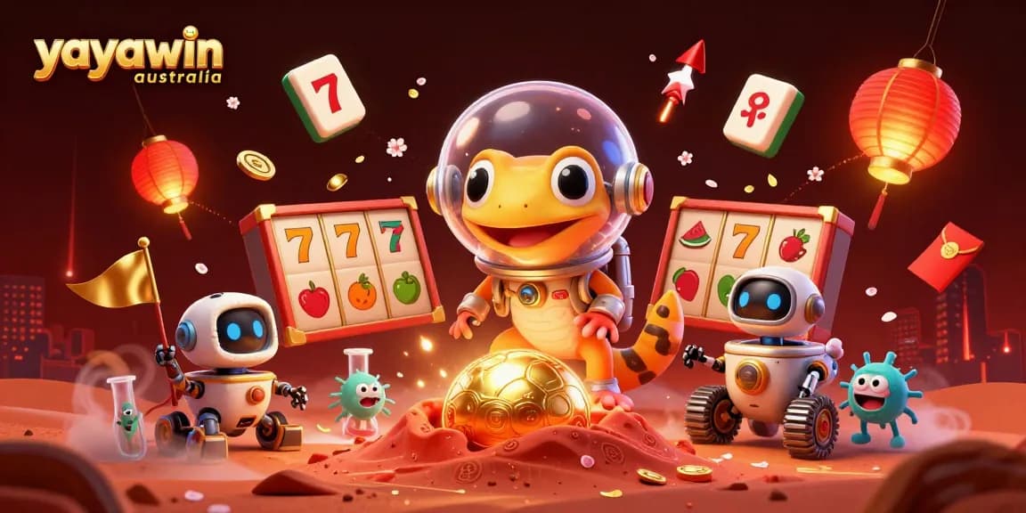 Experience the thrill of yayawin australia as a Martian gecko finds a golden casino amidst colorful gaming symbols.