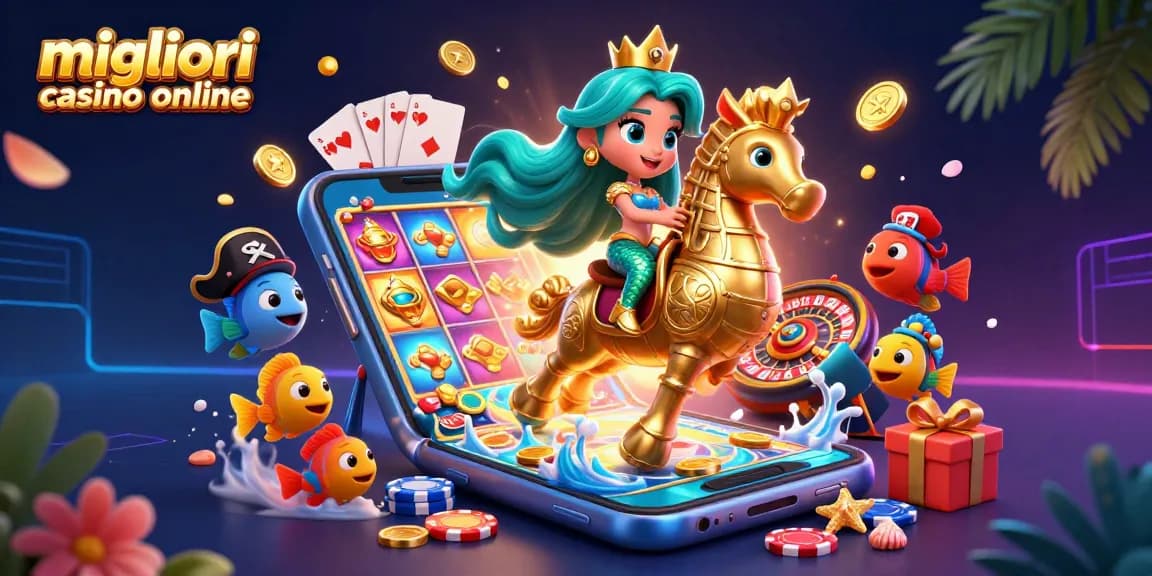 I migliori casino online in un'illustrazione vivace con giocatori e giochi di slot simbolici.