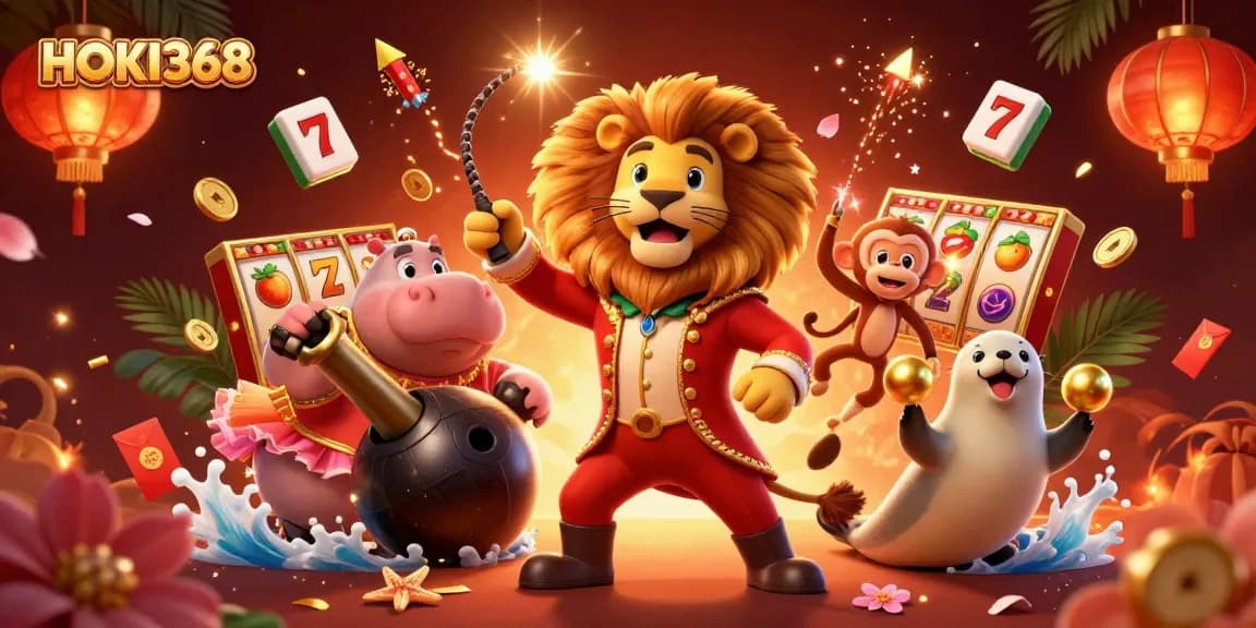 Spin and win with HOKI368's vibrant casino scene featuring lively characters and slot reels.