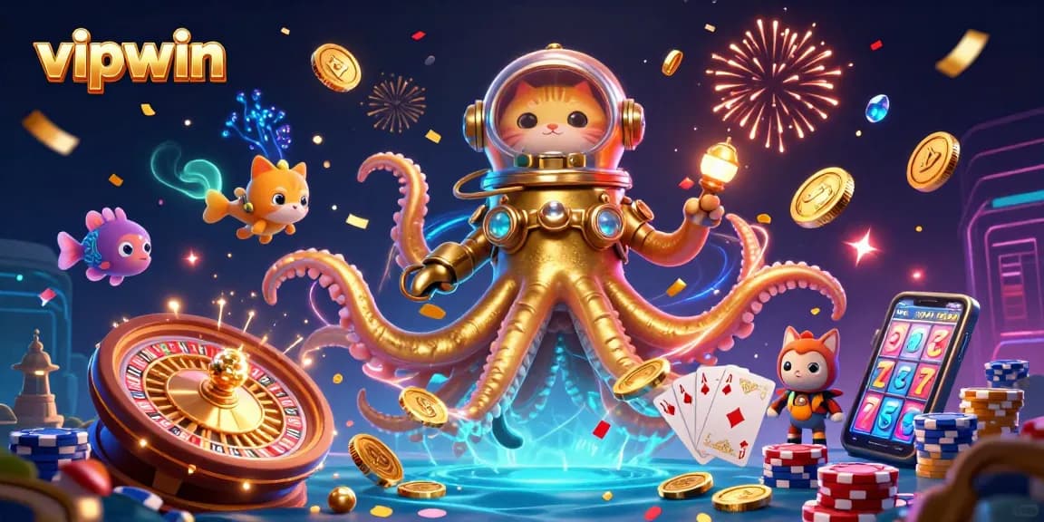 Experience the thrill of vipwin with an exciting scene featuring a giant kraken, treasure, and gaming elements.