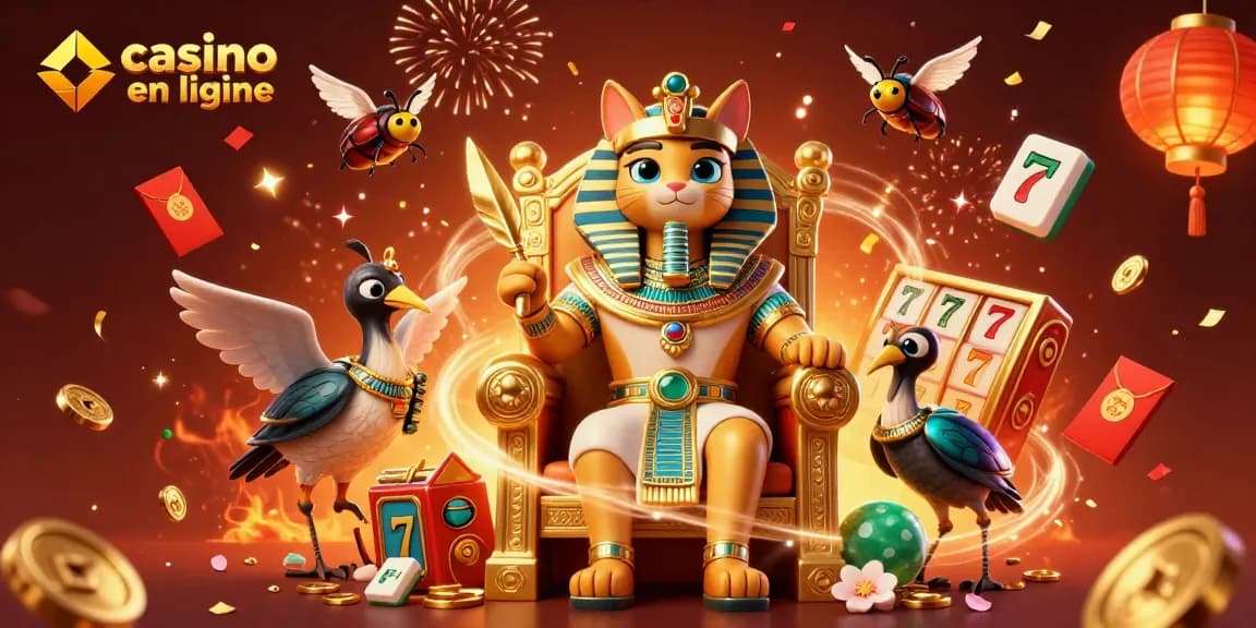 Jouer à casino en ligne avec un pharaon égyptien et des éléments de jackpot en arrière-plan.