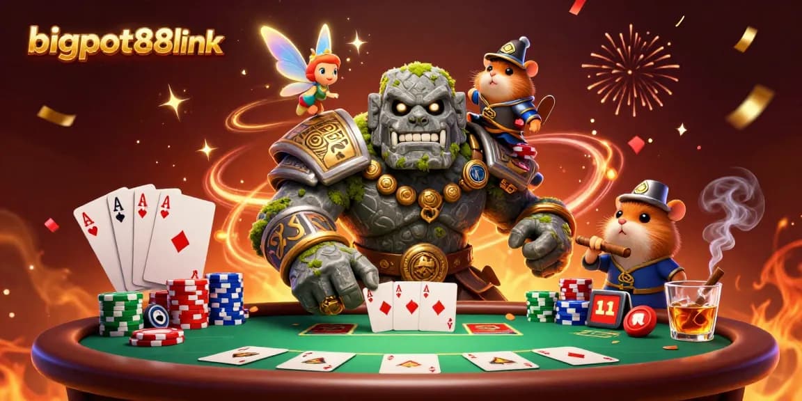Experience the thrill with bigpot88link as a brave hamster knight rides a magical golem in a vibrant casino scene.