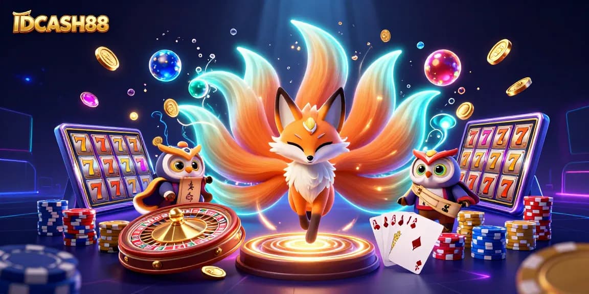 Engage with IDCASH88's thrilling slots experience featuring dynamic characters among golden coins and cards.
