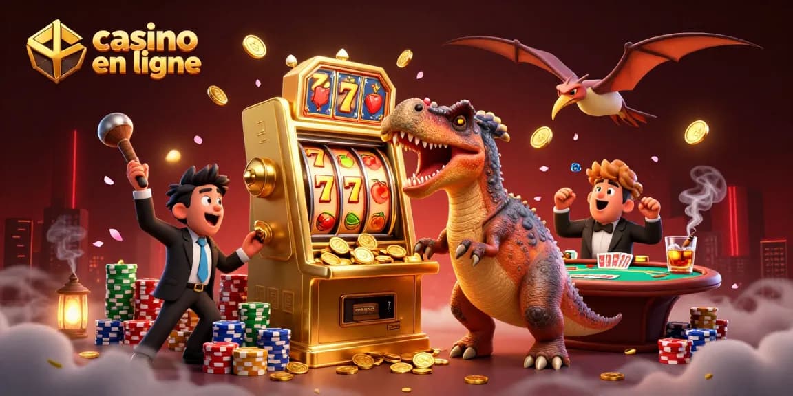 Le pachycéphalosaure interagissant avec une machine à sous dorée dans un casino en ligne animé.