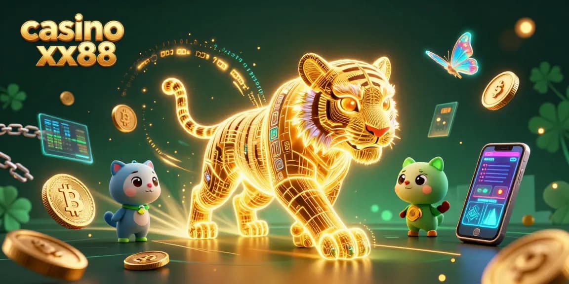 Experience casino xx88's live gaming ambiance with a vibrant digital art scene featuring a glowing tiger and cryptocurrency elements.