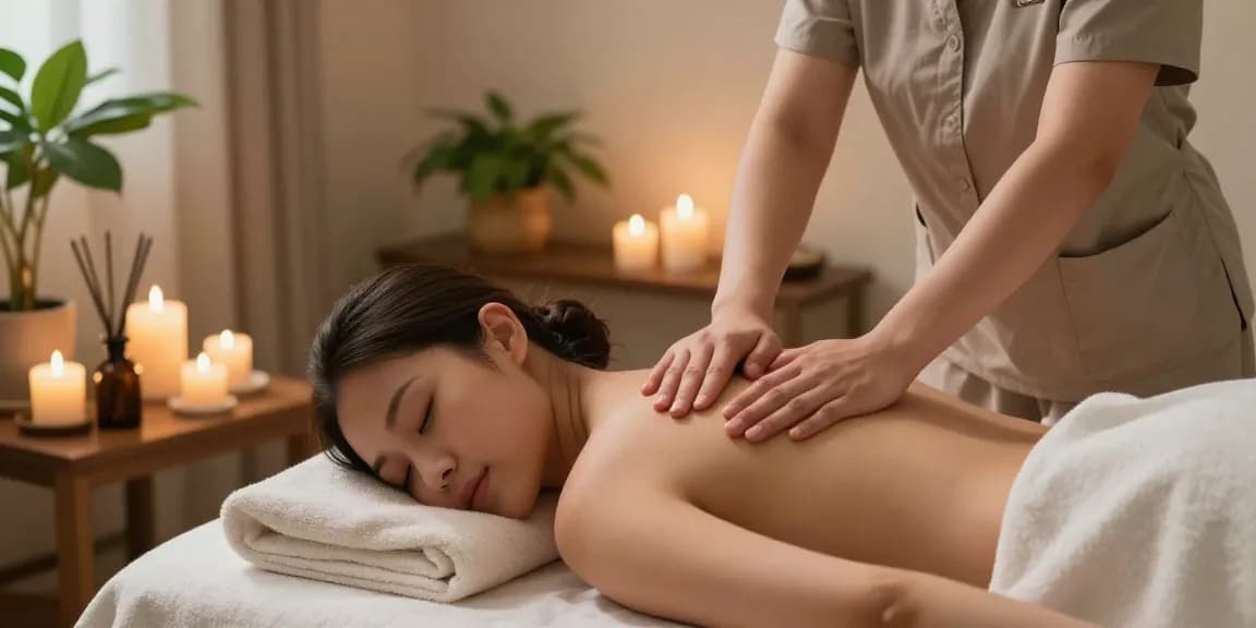 마사지 중인 고객과 아로마 오일로 편안한 분위기의 스파 실내