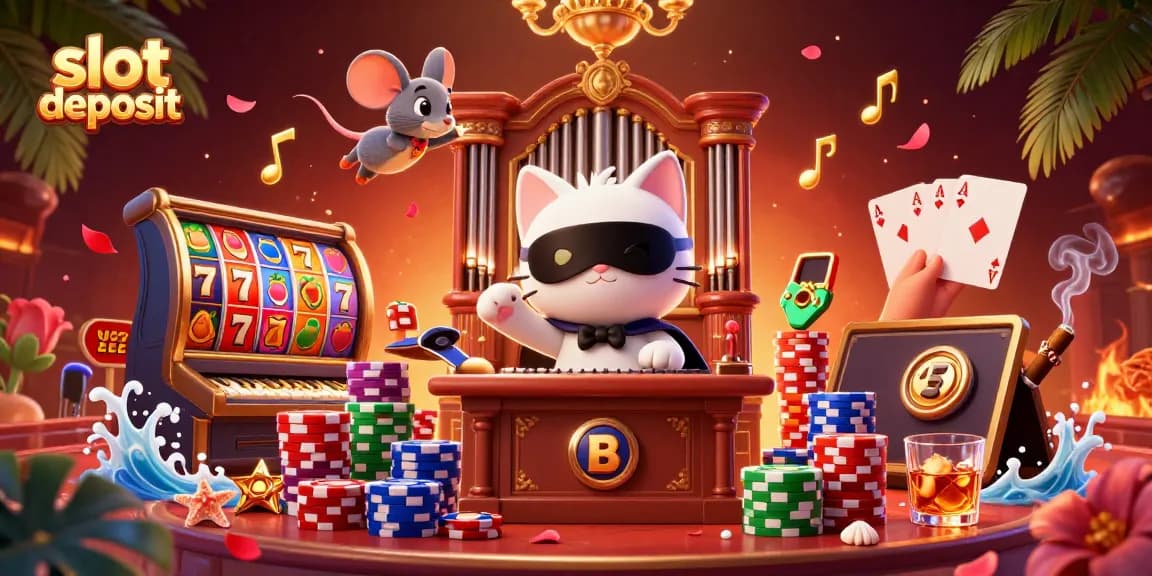 Mempercepat slot deposit dengan ilustrasi kucing bertopeng di kasino sambil menikmati keseruan permainan.