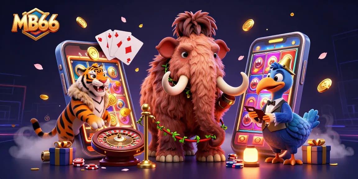 MB66 showcases colorful casino characters with vibrant gaming elements in a dynamic 3D illustration.