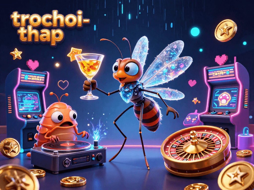 Engage with trochoi-thap as the cartoon frozen mosquito, animated trilobite DJ, and golden roulette wheel create a lively casino adventure.