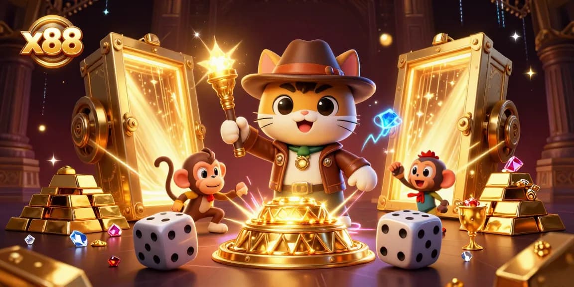 x88 illustration of a cat archaeologist uncovering a golden casino artifact in a rich temple setting.