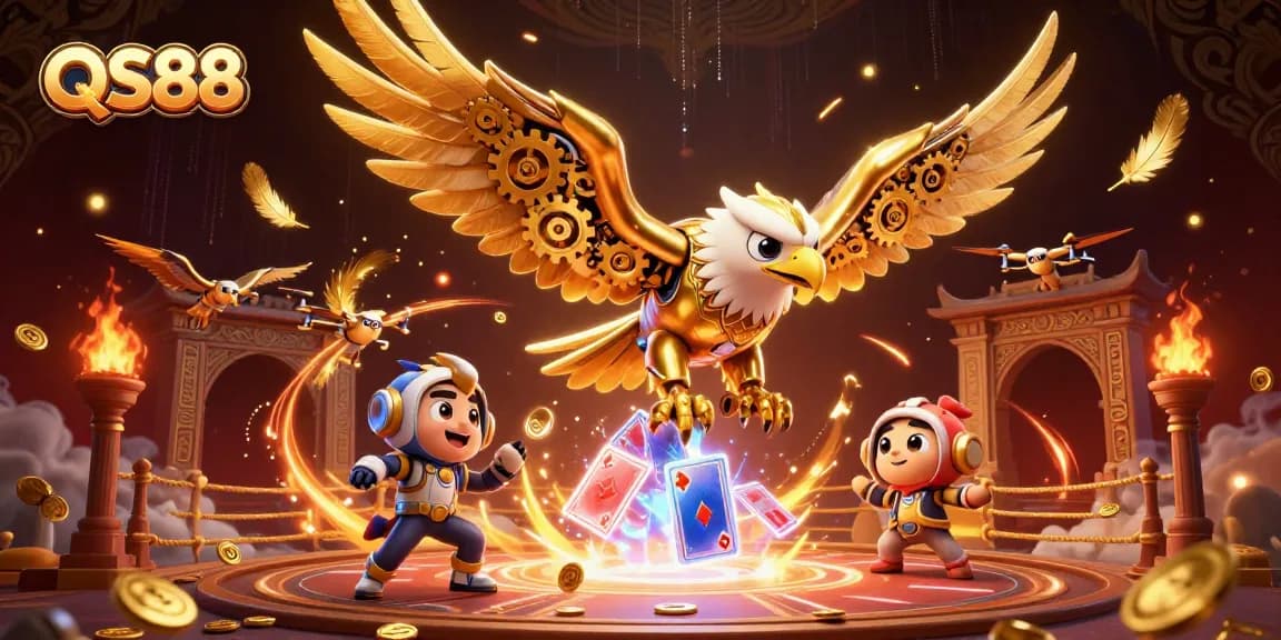 Claim your winnings with QS88's vibrant 3D gaming experience featuring a golden eagle amidst holographic cards.